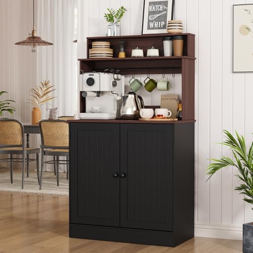 MHOM Farmhouse Coffee Bar Cabinet with Storage, Rustic Buffet Cabinet with 5 Hooks, Small Coffee Station Cabinet for Kitchen & Dining Room, Antique Black - color: Black