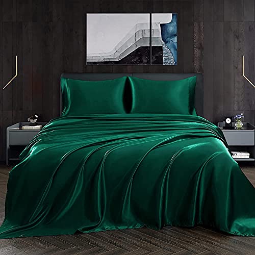 Homiest 3pcs Satin Sheets Set Luxury Silky Satin Bedding Set with Deep Pocket, 1 Fitted Sheet + 1 Flat Sheet + 1 Pillowcase (Twin XL Size, Blackish Green) - color: Blackish Green, size: Deep pocket - Twin XL size
