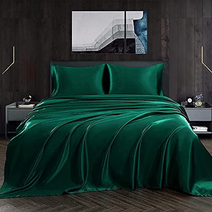 Homiest 3pcs Satin Sheets Set Luxury Silky Satin Bedding Set with Deep Pocket, 1 Fitted Sheet + 1 Flat Sheet + 1 Pillowcase (Twin XL Size, Blackish Green) - color: Blackish Green, size: Deep pocket - Twin XL size