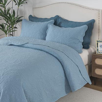 HoneiLife Quilt Set Queen Size - Microfiber Bedspread 3-Piece, Reversible Coverlets Lightweight Bedcover Queen Quilt Bedding Sets for Spring/Summer Use - color: Light Blue, size: Queen/Full-90"x96"