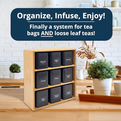 AllSpice Tea Organizer Rack with 9 Tins & 160 Magnetic Labels – Perfect for Bagged & Loose Leaf Tea Organization - Bamboo - color: Bamboo
