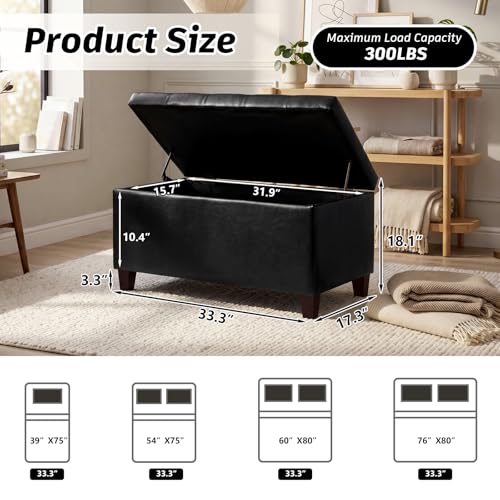 Joveco Storage Ottoman Bench, 33 Inches Faux Leather Rectangle Tufted Foot Stool for End Foot of Bed, Bedroom, Living Room, Black - color: Rectangular Black