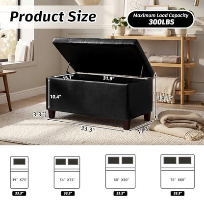 Joveco Storage Ottoman Bench, 33 Inches Faux Leather Rectangle Tufted Foot Stool for End Foot of Bed, Bedroom, Living Room, Black - color: Rectangular Black
