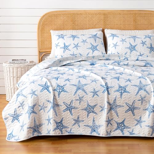 Great Bay Home Coastal Quilt Set - 3-Piece Full/Queen Size Nautical Bedding Set - Lightweight, All-Season, Reversible Starfish Bedspread (Blue) - color: Blue, size: Full / Queen