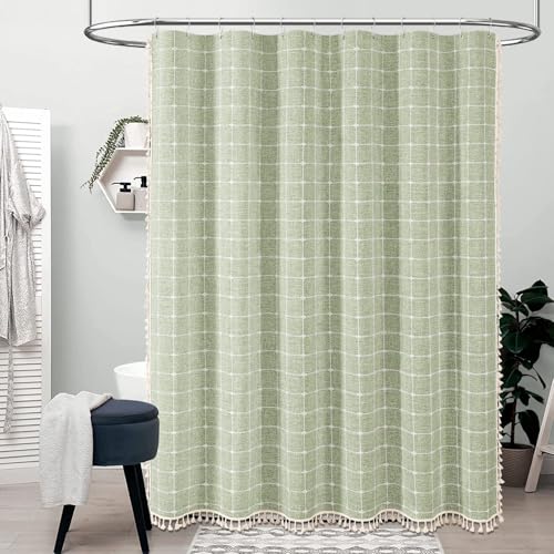 BTTN Boho Shower Stall Curtain - 48x72 Narrow Linen Ultra Thick Tassel Fabric Shower Curtain Set with 8 Plastic Hooks, Half Camper RV Modern Farmhouse Country Shower Curtains for Bathroom, Sage Green - color: A - Sage Green, size: 48"W x 72"L (Pack of 1)