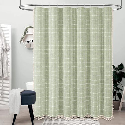 BTTN Boho Shower Stall Curtain - 48x72 Narrow Linen Ultra Thick Tassel Fabric Shower Curtain Set with 8 Plastic Hooks, Half Camper RV Modern Farmhouse Country Shower Curtains for Bathroom, Sage Green - color: A - Sage Green, size: 48"W x 72"L (Pack of 1)