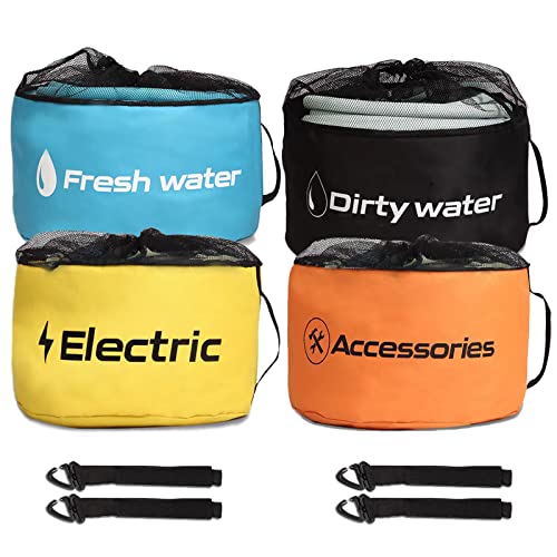 RV Hose Storage of 4 Pack, RV Accessories Storage Bag with 4 Storage Straps for Sewer Hoses/Fresh Water Hoses/Electrical Cords/Camper Tools Accessories - style: Basic Version - Drawstring Style