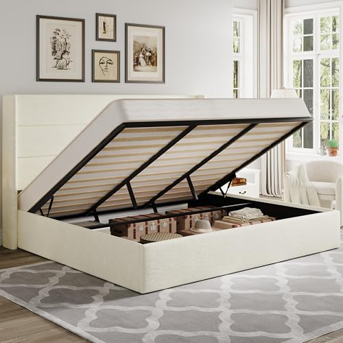 Allewie King Size Lift Up Storage Bed, Chenille Fabric Upholstered, Modern Wingback Headboard, Hydraulic Support, No Box Spring Needed, Cream White - color: Cream White, size: King, style: Modern
