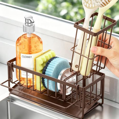 Sponge Holder for Kitchen Sink, Kitchen Sink Caddy, Kitchen Sink Sponge Holder, Dish Sponge Holder, Kitchen Sink Organizer for Sponge, Dish Brush, Scrubber(9.65" x 3.74" x 6.3", Brown) - color: Brown