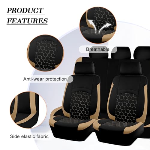 Car Seat Cover Full Sets, Polyester Foam Breathable Waterproof Vehicle Split Front Rear Seat Protectors, Automotive Interior Chair Cushion Pad, Universal for SUV RV Truck (Beige) - color: Beige