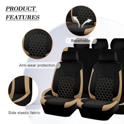 Car Seat Cover Full Sets, Polyester Foam Breathable Waterproof Vehicle Split Front Rear Seat Protectors, Automotive Interior Chair Cushion Pad, Universal for SUV RV Truck (Beige) - color: Beige