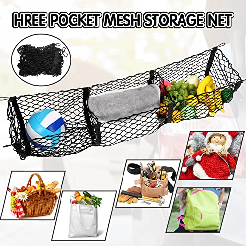 Tallew 2 Pcs Car Rear Cargo Net, Adjustable Elastic Mesh Cargo Net, 3 Pocket Heavy Duty Trunk Bed Storage Organizer, Universal for Car SUV Vehicle Pickup Truck with Accessories(43.3 x 15.7 Inches)