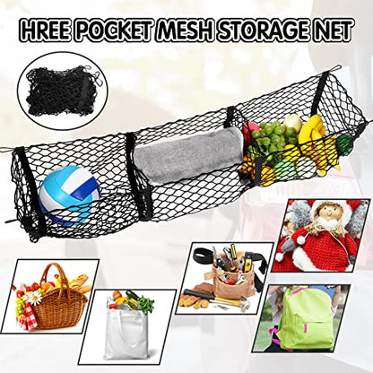Tallew 2 Pcs Car Rear Cargo Net, Adjustable Elastic Mesh Cargo Net, 3 Pocket Heavy Duty Trunk Bed Storage Organizer, Universal for Car SUV Vehicle Pickup Truck with Accessories(43.3 x 15.7 Inches)