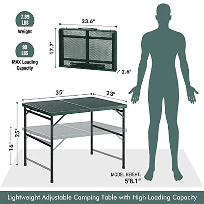 VILLEY Grill Table, 3ft Folding Camping Table with Aluminum Adjustable Legs, Portable Lightweight Camp Table for Beach Picnics and Outdoor Cooking - color: Green