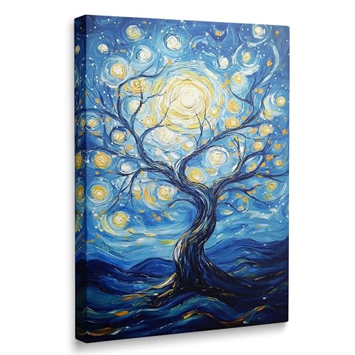 Framed Van Gogh Canvas Wall Art Set, Colorful Abstract Tree of Life & Starry Night Paintings, Boho Wall Decor for Living Room, Bedroom, Bathroom, Blue Artwork for Walls Ready to Hang (16''x24'') - color: blue, size: 24"L x 16"W