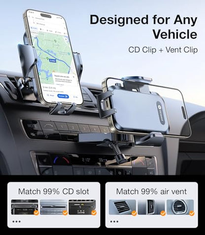 VICSEED Military-Grade Sturdy Car Phone Holder Mount, Upgraded Anti Shake Metal CD Slot & Air Vent Thick Case Friendly Phone Mount for Car Fit for iPhone 17 16 15 Samsung All Phones - color: Black