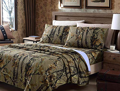 Chezmoi Collection Salem 4-Piece Cabin Lodge Forest Woods Sheet Set RV King - Nature Camo Tree Leaves Printed Soft Microfiber RV King Sheets Natural - color: Natural, size: RV King