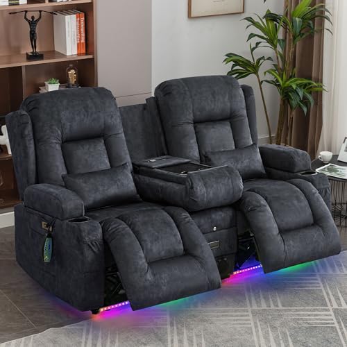 URRED Power Loveseat Recliner Sofa with Massage and Heat, Wall Hugger Reclining Loveseat with Console, RV Couch Home Theater Seating with LED Lights for Living Room (Dark Grey, 67" - 2 Seats) - color: Dark Grey, size: 67" - 2 Seats