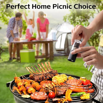 vzaahu Mini Salt and Pepper Grinder Set Black and White with Bag and Funnel, Small Travel Portable Spice Tools, Adjustable Coarseness, Refillable, Ceramic Burrs Seasoning Mills for Cooking, BBQ, RV - color: Black/White