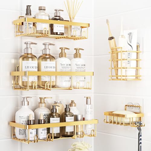 Liuoud 5 Pack Shower Caddy Organizer Rack Shelf for Inside Shower, Self Adhesive Wall Storage Basket Rustproof Stainless Steel Shampoo Holder Bathroom Accessory Decor Set, Gold - color: Gold