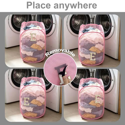 Collapsible Pop Up Laundry Hamper, Extra Large with Removable Initial Letter E, Mesh Foldable Laundry Basket, 28" x 16" x 16" (Pink) - color: 1P PinkE