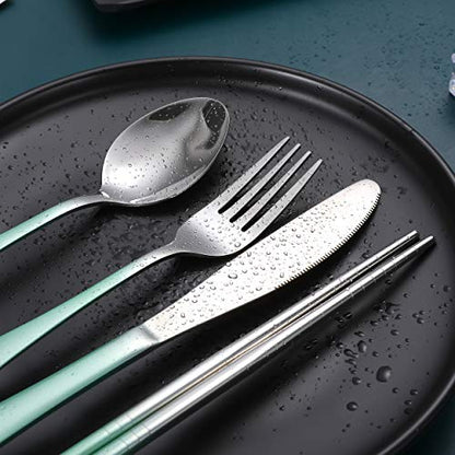 Travel Utensils,Reusable Silverware Set To Go Portable Cutlery Set with a Waterproof Carrying Case for Lunch Boxes Workplace Camping Picnic (GraGreen) - color: Gradient Green + TeaSpoon