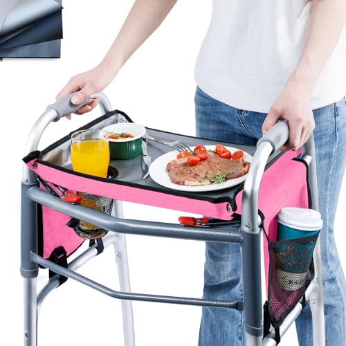 BAGSFY Walker Tray with Cup Holder & Side Pocket – Hard Top Walker Table for Seniors – Folding Walker Accessory for Meals, Reading, Drinks – Non-Slip Surface, Tool-Free Install, Universal Fit - color: Pink, size: With side storage