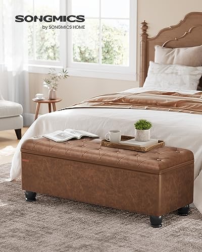 SONGMICS Storage Ottoman, Storage Bench, Tufted Entryway Bedroom Bench, 17.7 x 46.5 x 17.7 Inches, Hinges Easy Lid Operation, Wooden Legs, Synthetic Leather, Loads 330 lb, Coffee Brown ULOM071K01 - color: Coffee Brown, style: Classic(17.7"D x 46.5"W x 17.