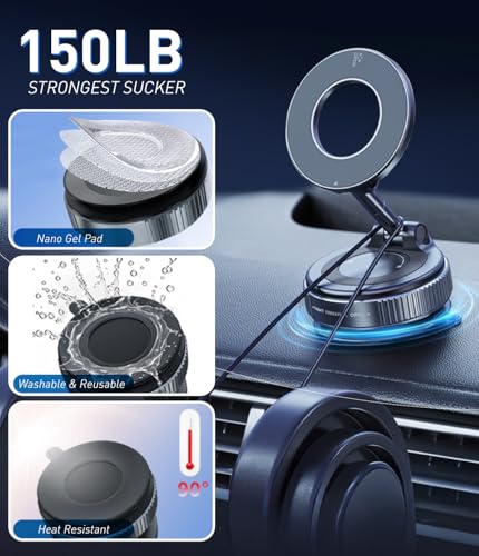 Magnetic Suction Cup Phone Mount for Magsafe | 360° Adjustable, Pocket Size Foldable, Car Mount, iPhone 17 16 15 14 13 12 Series