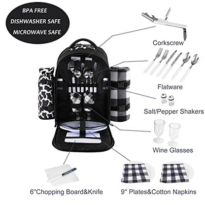 apollo walker Picnic Backpack Bag for 2 Person with Cooler Compartment, Detachable Bottle/Wine Holder, Fleece Blanket, Plates and Cutlery Set (2 Person, Black) - color: Black, size: 2 Person