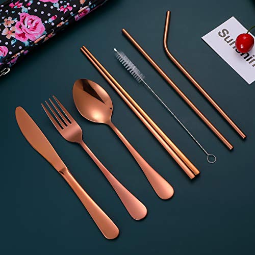 Travel Utensils,Reusable Silverware Set To Go Portable Cutlery Set with a Waterproof Carrying Case for Lunch Boxes Workplace Camping Picnic (Rosegold) - color: Rosegold