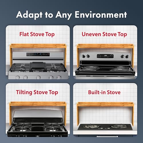 Mount Walker Bamboo Over the Stove Spice Rack, Stove Shelf with 6 Hooks for Back of Stove, 31.5" Kitchen Counter Shelf, Heat-Resistant, Kitchen Countertop Shelf for Spice Organization - color: Bamboo