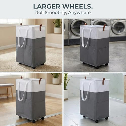 Laundry Basket with Wheels – Foldable, Space-Saving, Fabric Slim Laundry Hamper with Removable Bag and Side Pouches – Lightweight 75L Washing Basket for Clothes, Bedroom, Bathroom, Dorm