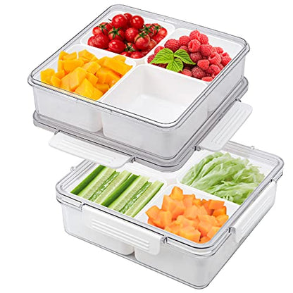 2Pack Divided Veggie Tray with Lid Snackle Box Serving Container Salad Keeper with 4 Removable Boxes Stackable Refrigerator Organizer Bins Produce Saver for Meal Prep Fruit - size: 2 Pack