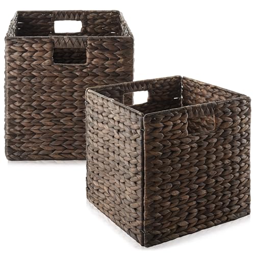Casafield 12" x 12" Water Hyacinth Storage Baskets, Espresso - Set of 2 Collapsible Cube Organizers, Woven Bins for Bathroom, Bedroom, Laundry, Pantry, Shelves - color: Espresso, size: 2-Pack
