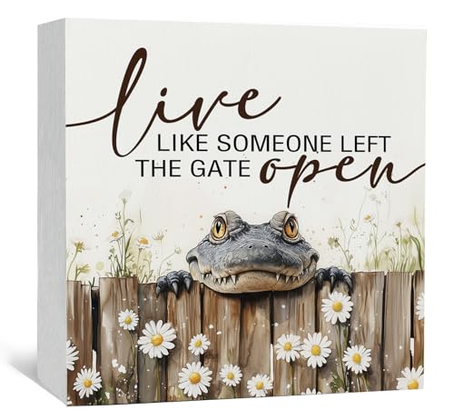 Nursery Crocodile Wooden Box Sign, Cute Live Like Someone Left the Gate Open Wooden Signs for Home Decor,Funny Animal Kitchen Bedroom Decor,Alligator Gifts for Kids Boys, 5x5 - color: crocodile, size: 5x5 in