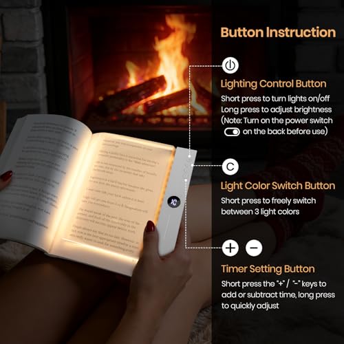 Book Light, Rechargeable Clear LED Flat Reading Light for Reading in Bed at Night with 3 Colors & Timer, Dimmable Full Page Panel Plate Lamp, Bookish Gifts for Readers Kids Women Men (White) - color: White