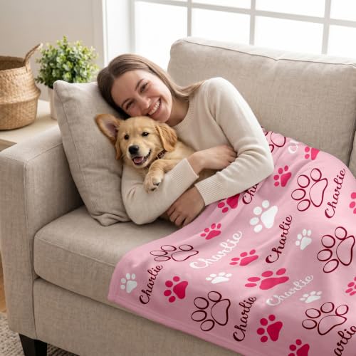 Personalized Dog Blanket, Customized Pet Blankets with Name Picture, Throw Blanket for Small Medium Large Dog Puppy Cat - color: A-pink