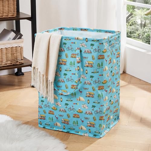 60 L Large RV Collapsible Laundry Hamper with Lid and Drawstring Freestanding Waterproof Laundry Basket, Long Handles for Portability, Tall Clothes Baskets for Rv Camper Bedroom Bathroom Accessories