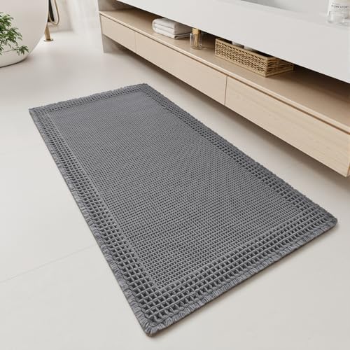 RESARE Waffle Bathroom Runner Rugs, Super Absorbent Bath Mat Non Slip Washable Quick Dry, Upgraded Ultra Soft Boho Bath Rugs with Tassels, Farmhouse Home Decor Accessories, 2'x4'(24"x48") Dark Grey - color: Dark Grey, size: 2' X 4'