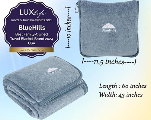BlueHills Premium Soft Plush Travel Blanket Pillow for Airplane Traveling Essentials in a Bag Flight Throw with Hand Luggage Belt Backpack Clip Compact Portable Plane Accessories Grayish Blue - T026 - color: Grayblue-1pk-t026