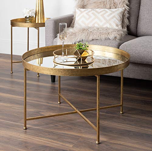 Kate and Laurel Celia Metal Foldable Round Accent Table, 18.25" x 18.25" x 22", Glass Surface and Gold Frame, Modern Minimalist Design and Detachable Magnetic Tabletop - color: Gold/Mirror