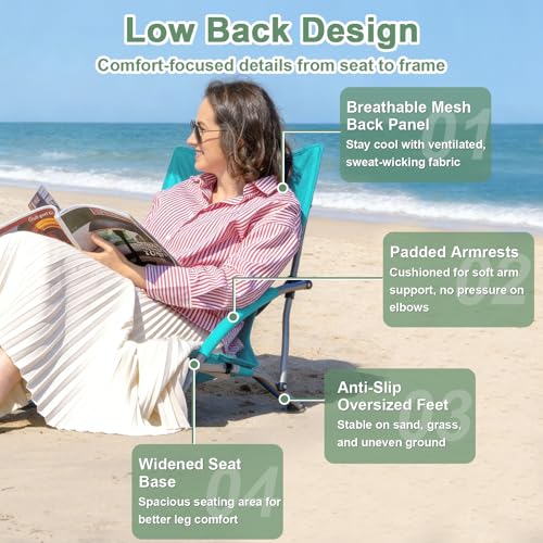 Romswi Low Beach Chairs for Adults 2 Pack, Lightweight Folding Sand Chairs with Breathable Mesh Back & Cup Holder, Portable Compact Camping Chairs, 300lbs Capacity,Green - color: Green - Low Back