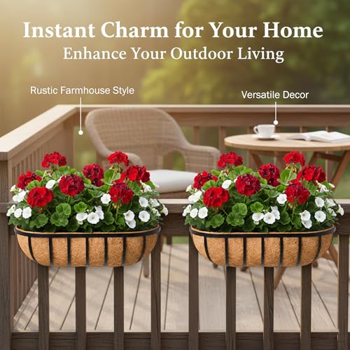 24“ Window Box Railing Planter with Coco Liner Metal Wall-Mounted Coconut Liner Planter Basket English Horse Trough Planters for Outdoor Deck Balcony Porch Fence Patio Black (2 Pack) - size: 24 Inch