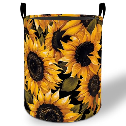 Sunflower Laundry Basket Hamper 19.7"x15.8", Yellow Floral Foldable Waterproof Oxford Clothes Storage Bucket for Room Bathroom Bedroom Nursery Decor, Toy Organizer Bins Gifts for Kids Boys Girls - style: Sunflower