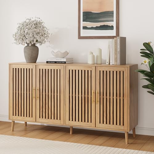 Smart FENDEE 63" Long Sideboard Buffet with 4 Slatted Doors, Farmhouse Buffet Storage Cabinet with Adjustable Shelves, Coffee Bar Cabinet for Entryway, Kitchen, Dining Room, Living Room, Natural - color: Natural Oak, size: 63 inch
