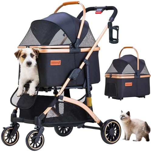 Dog Stroller for Small Dogs, Lightweight Pet Stroller for 2 Cats Dogs with 6 Shock Absorption System, Detachable Carrier Suitable for Car Seat & Hand Carry, Safe Outings, Black - color: Black