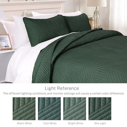 Exclusivo Mezcla Ultrasonic Full Queen Quilt Bedding Set, Lightweight Green Bedspreads Soft Modern Geometric Coverlet Set for All Seasons (1 Quilt and 2 Pillow Shams) - color: Dark Green, size: Full/ Queen (90"x96")