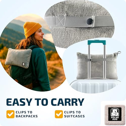 Travel Blanket and Pillow Set — Airplane Blanket with Inflatable Pillow and Cotton Pillowcase, Travel Blanket Combo with Back-Neck Snaps for Long Flights - color: Grey Set, size: 64x43''