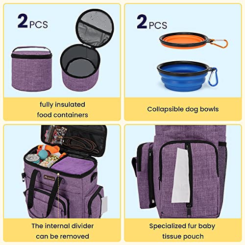 Modoker Dog Travel Organizer Carriers for Supplies & Accessories, Airline Approved Cat Pet Travel Bag, 2 Collapsible Bowls, 2 Travel Dog Food Container, Purple - color: Soft Purple